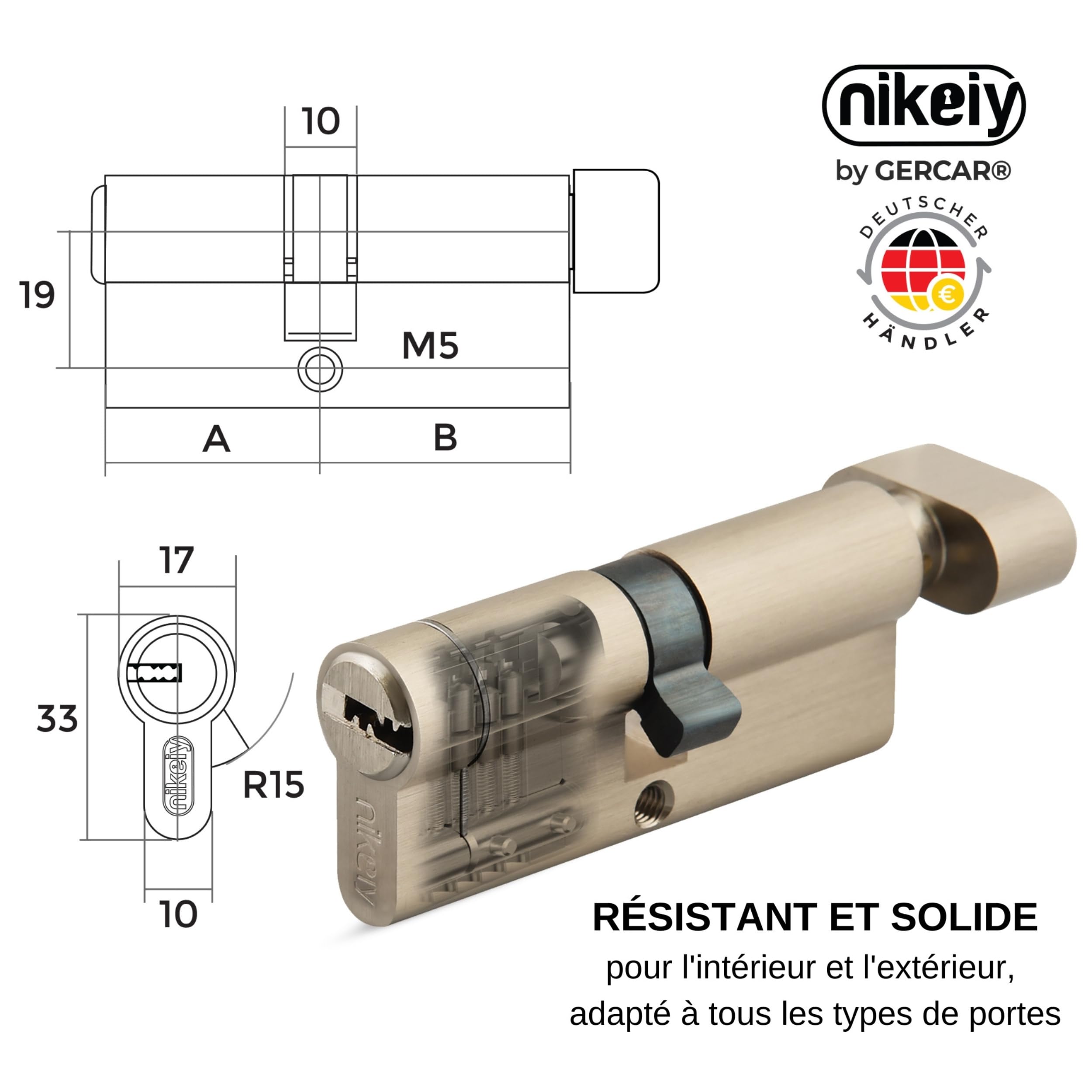 GERCAR Pro+ Cylindre De Fermeture à Bouton Rotatif, 45/45, Avec Protection Contre Le Perçage, Pour Serrure De Porte, Avec 5 Clés (extra Longues) Portant Des Codes, 90 Mm, A : 45, B : 45, 1 Kit