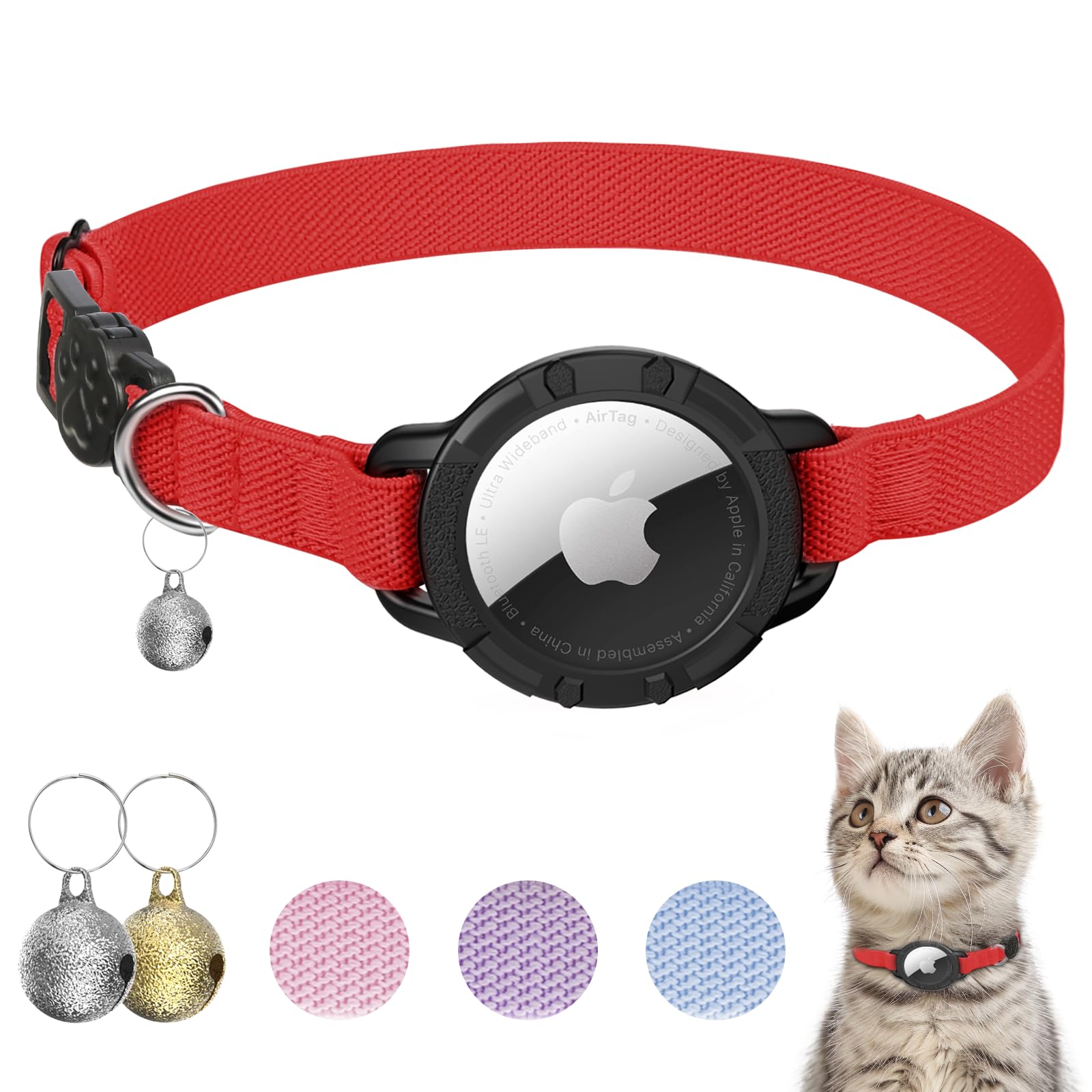 AirTag Cat Collar, Stretchy Kitten Collar with Apple Air Tag Holder and Bell, Breakaway Design Ultra Elastic GPS Tracking Cat Collar for Cats and Puppies (Red) — image 1
