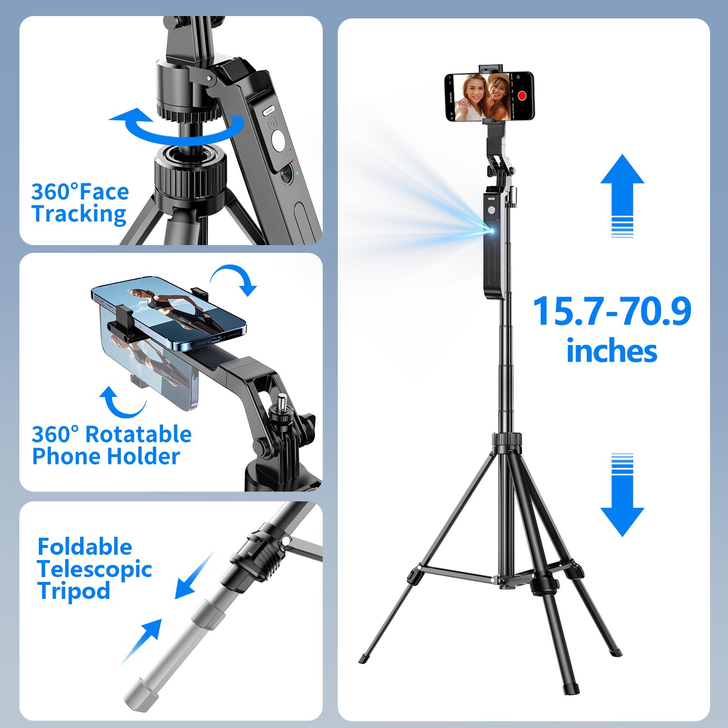 Auto Face Tracking Tripod with 360 Rotation Stand, 70.9Ai Motion Tracking, Grados de Movimiento Celular Selfie Stick Rotation with Remote, Motion Sensor Phone Stand, for Vlog/Live Stream/Video Record