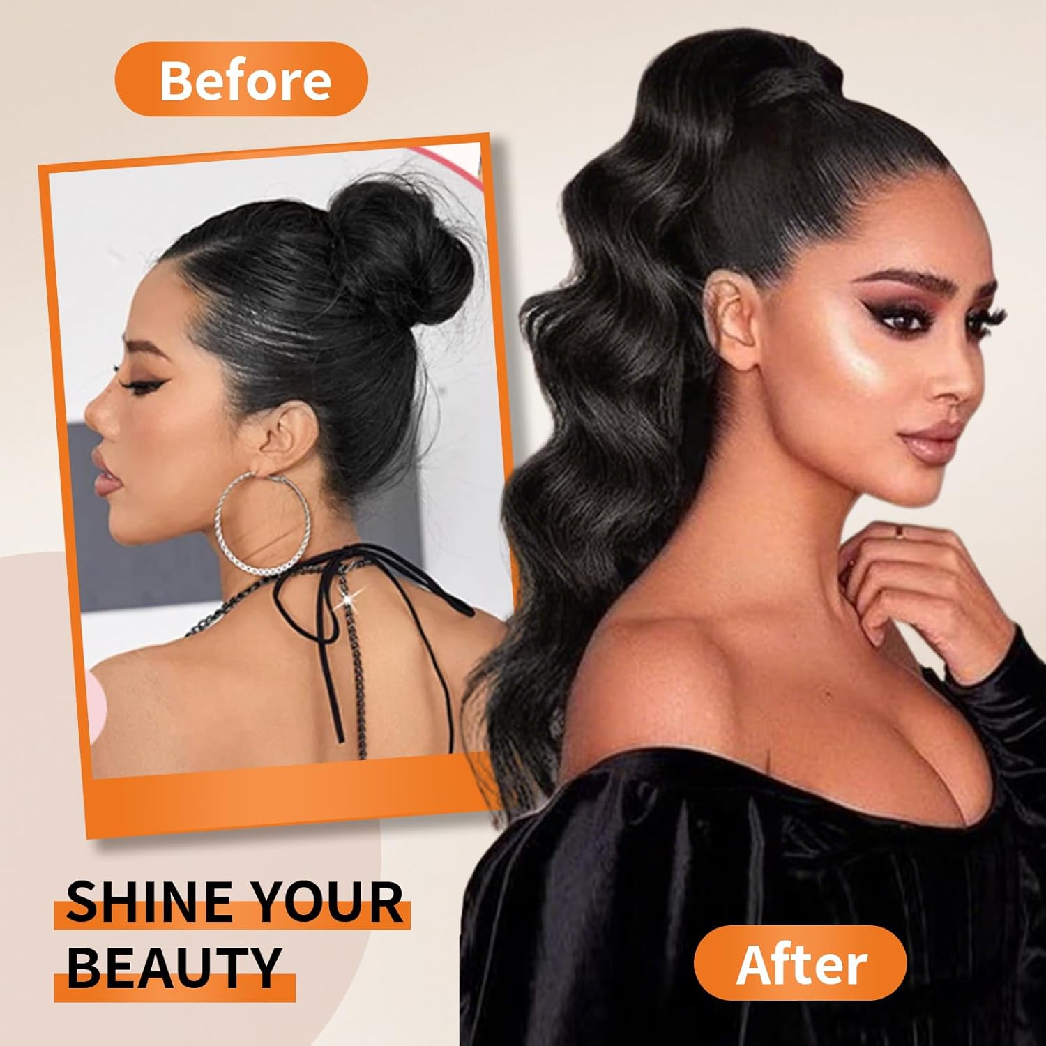 Body Wave Ponytail Human Hair for Black Women 100% Brazilian Virgin Human Hair Ponytail with Magic Paste Wrap Around Natural Black Color（ 20 Inch ）