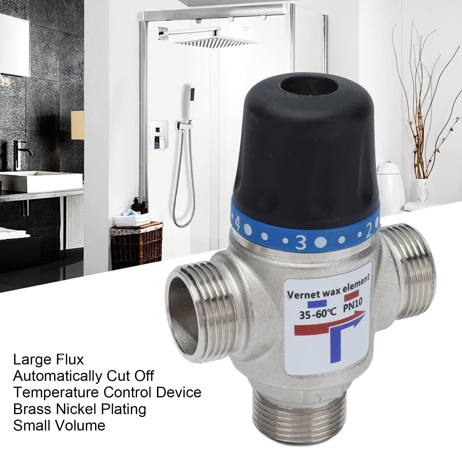 Valvola miscelatrice termostatica Mavaol G3/4 pollici, controllo automatico della temperatura, prevenzione ustioni, flusso elevato, ottone e ABS