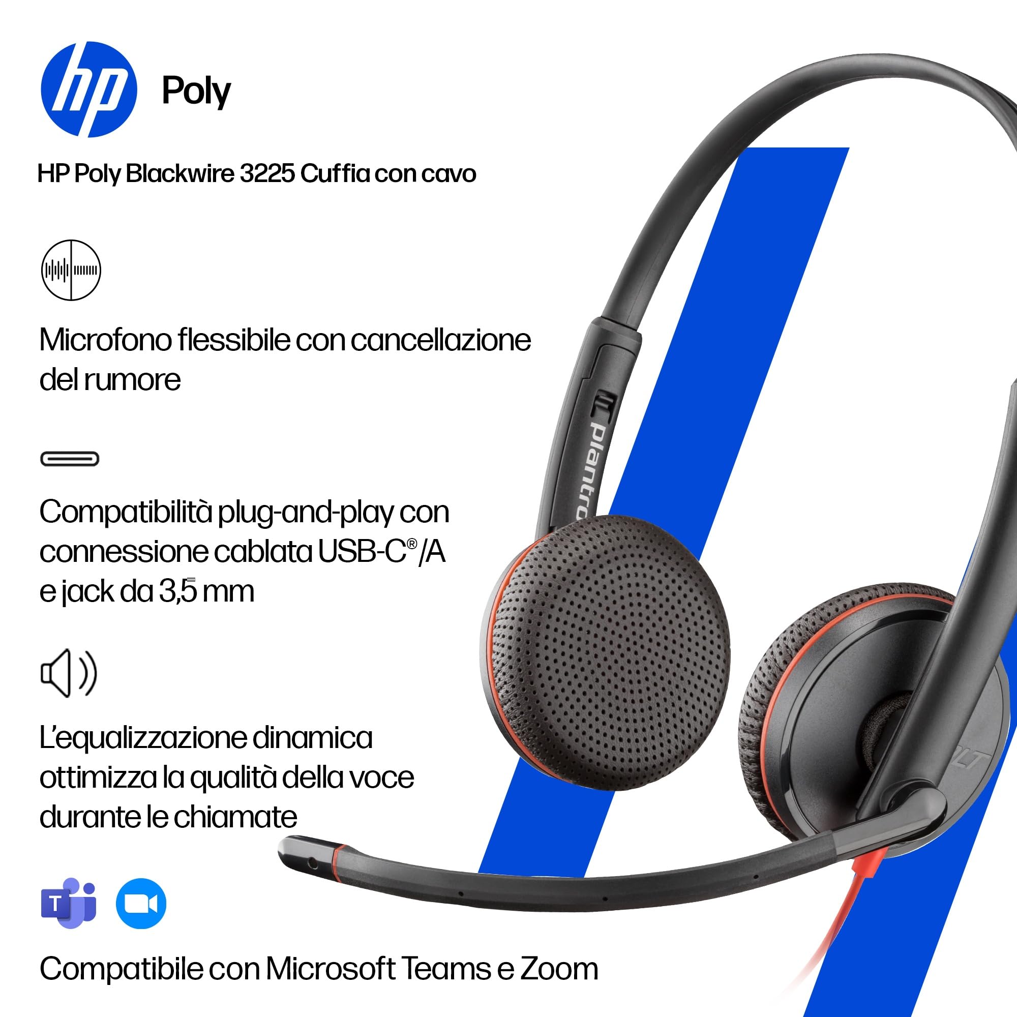 Poly Blackwire 3225, Cuffia Cablata con Connessione USB-A, USB-C, AUX 3,5 mm, Cuscinetti in Similpelle, Riduzione del Rumore e dell'Eco, Comandi sul Cavo, Compatibile con Windows 10 e macOS, Nero