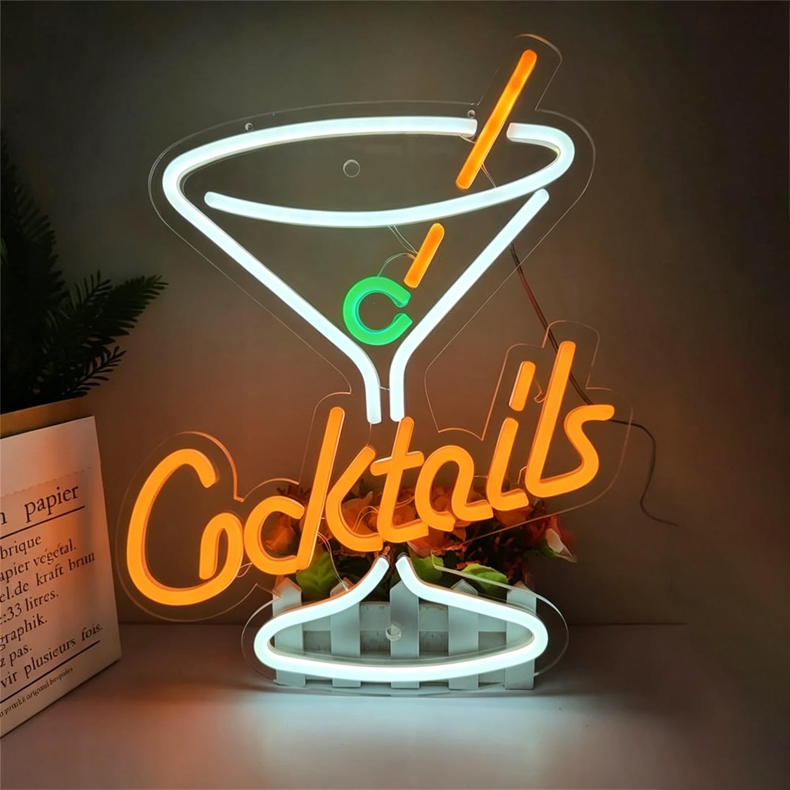 KEYQEEN Cocktails Neon Sign for Wall Decor, Bar Club Shop Signs Dimmable USB LED Man Cave Party Neon Lights,Orange,50x38cm