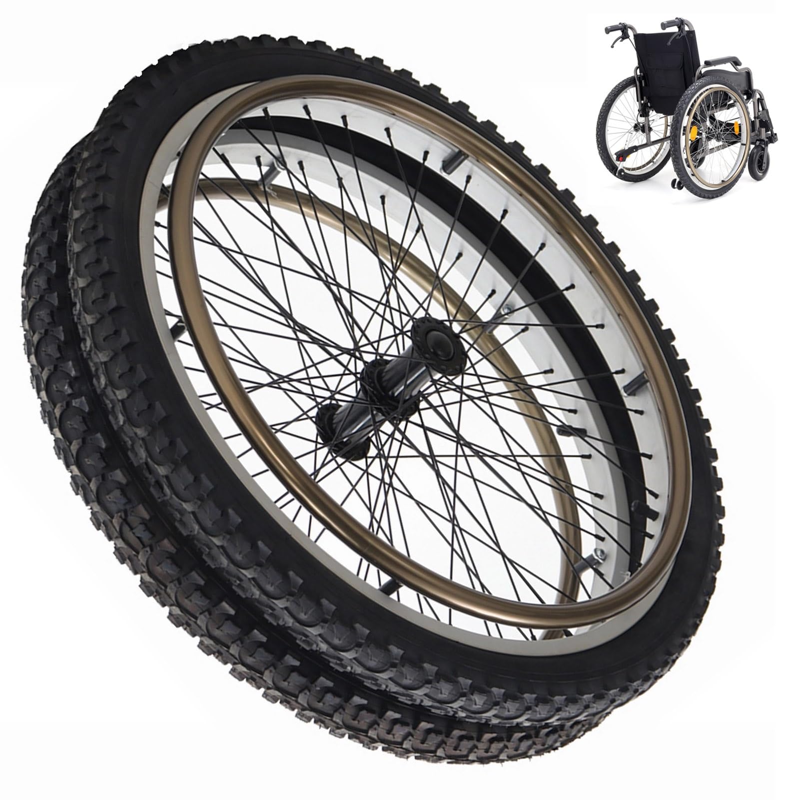Rueda Trasera de Repuesto para Silla de Ruedas de 24 x 1,95 (Par), Neumáticos de 24 Pulgadas con Radios de Aluminio y rodamiento de 12,7 mm