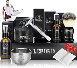 Shaving Kit for Men - The Secret Santa Gift Set, Includes Safety Razor, Sandalwood Shaving Cream, Aftershave, Pre Shave Oil, Brush, Bowl & Apron Bib - Unique Christmas Mens Gifts for Him Husband Dad