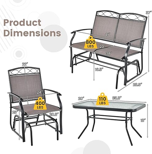 Miniatura 6 de Tangkula Juego de 4 planeadores de patio, sofá biplaza deslizante para exteriores con mesa de café de vidrio templado, juego de muebles de patio