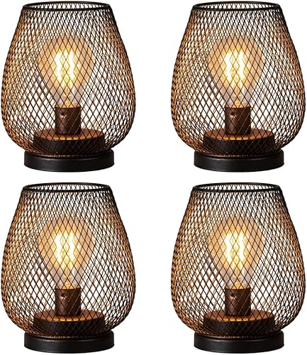 DECORKEY Juego de 4 faroles de mesa LED con pilas, lámparas inalámbricas de jaula de metal marrón con bombilla LED, linterna decorativa vintage para