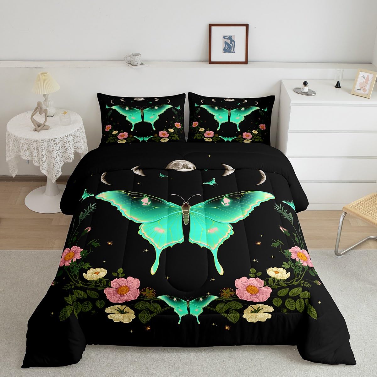 Homewish Moth Comforter Set Full,Moon Planet Starry Sky Galaxy Bedding Set 3pcs for Kids Teens Boys Girls Room Decor, Gothic Butterfly Quilt Set Floral Duvet Insert with 2 Pillowcases