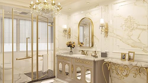 Miniatura 268 de TETOTE Espejo de 60 x 36 pulgadas para baño, espejo de tocador dorado de latón cepillado, espejo de pared grande rectangular con marco de metal Oro