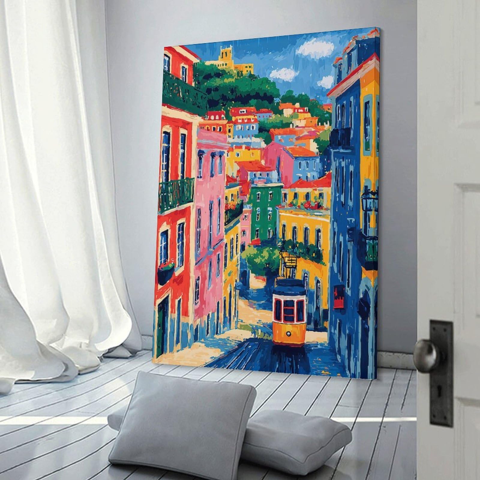 Junmoney Frame-Style-22 Colorful Lisbon Street With Tram Decorative Wall Artwork, 20X30inch(50X75cm), For Living Spaces, Bedrooms Or Relaxed Rooms, Modern Wall Decor For Cosy Interiors