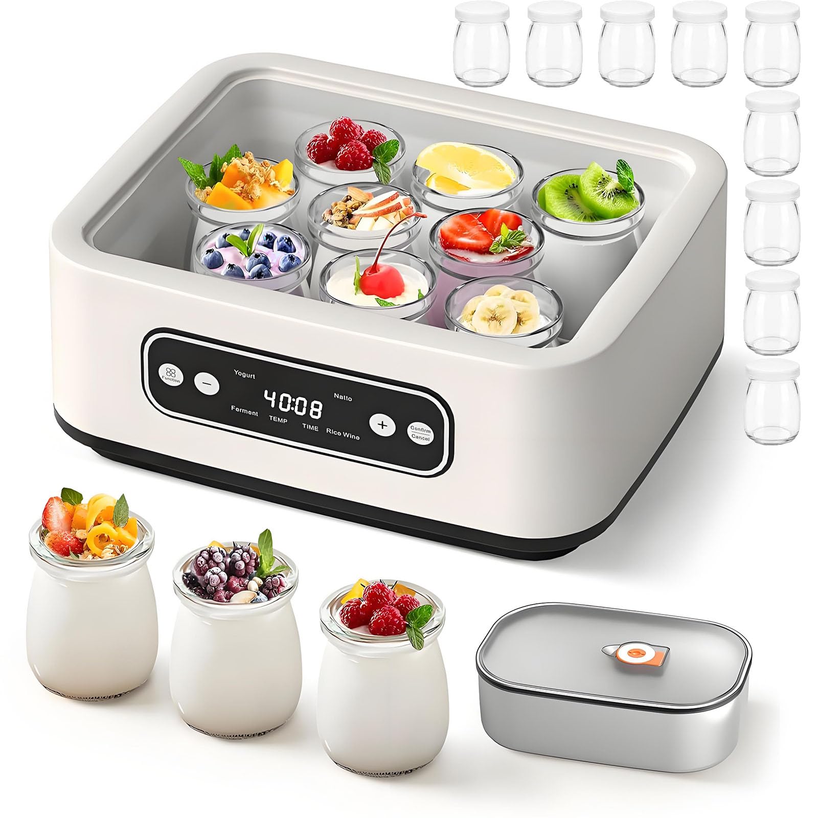 Yogurtiera con controllo regolabile di tempo e temperatura, con 9 vasetti in vetro da 100 ml, spegnimento automatico e temperatura costante, ideale per preparare dessert greci fatti in casa