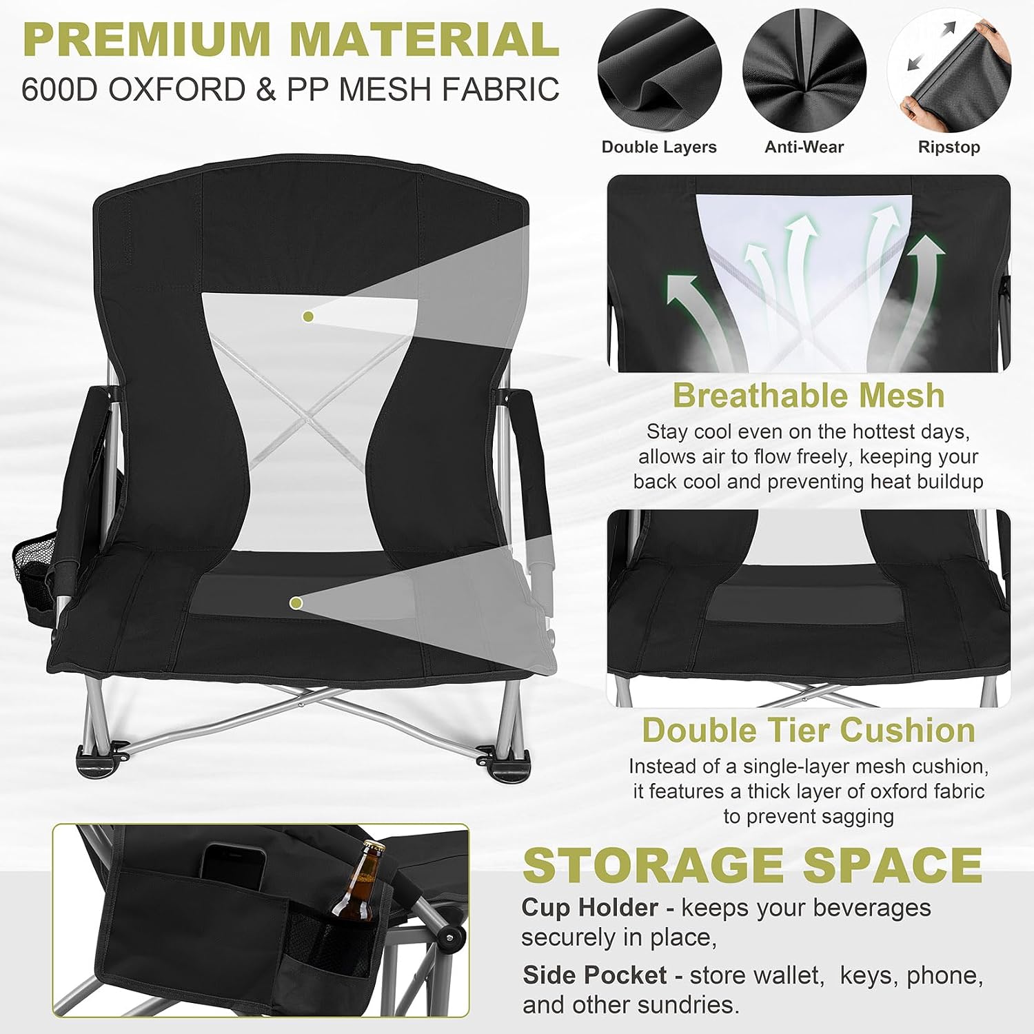 Joyfair Large Beach Camping Chair (2 Pack), Big Outdoor Folding Chairs for Adults, Heavy Duty Mid-Height Portable Chair for Fishing, Lawn, Sport, Cup Holder & Storage Pocket, Carry Bag (Black)