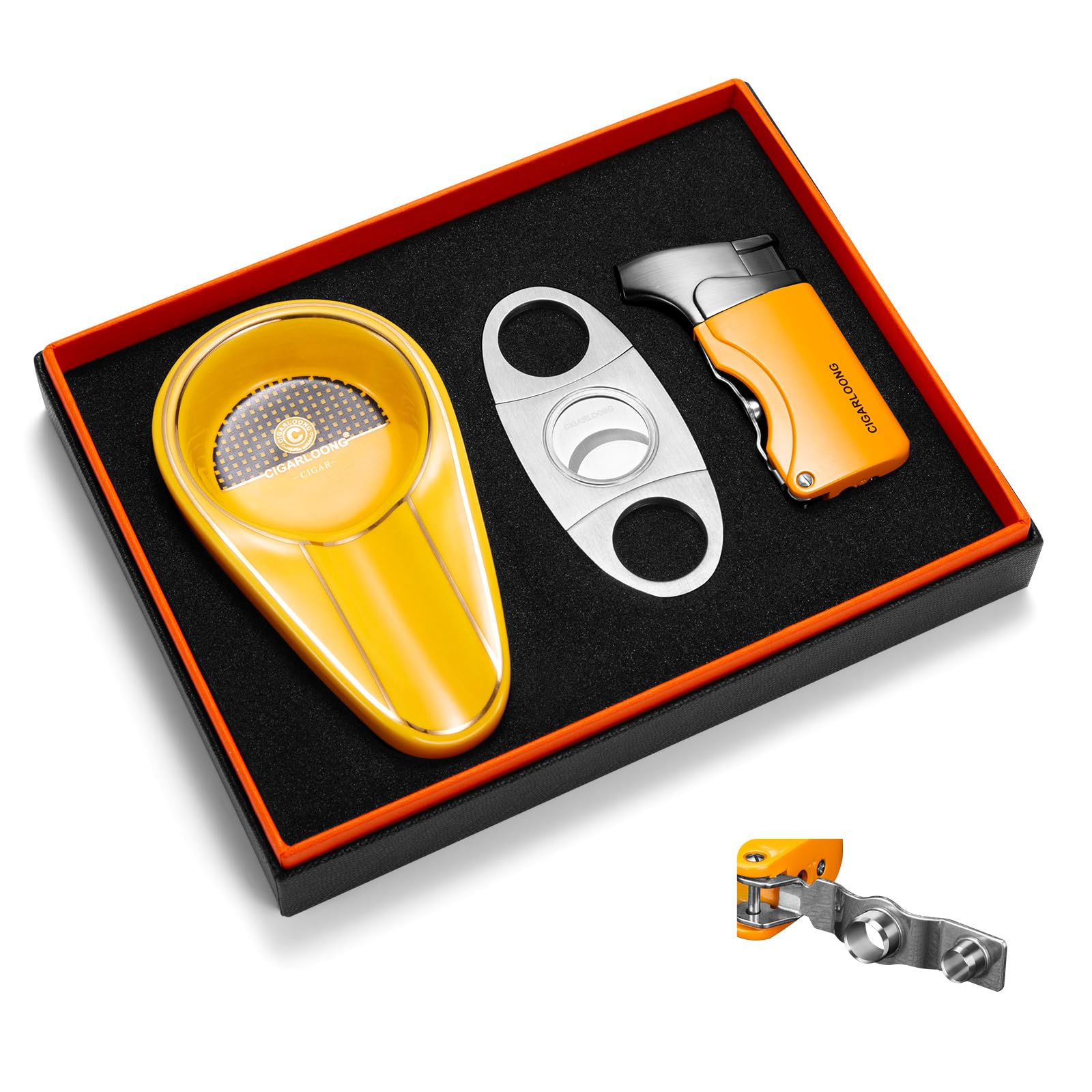 Ensemble de cendriers portables en acier inoxydable et céramique, briquet torche à jet unique, butane rechargeable avec boîte cadeau pour terrasse, extérieur, intérieur (jaune)