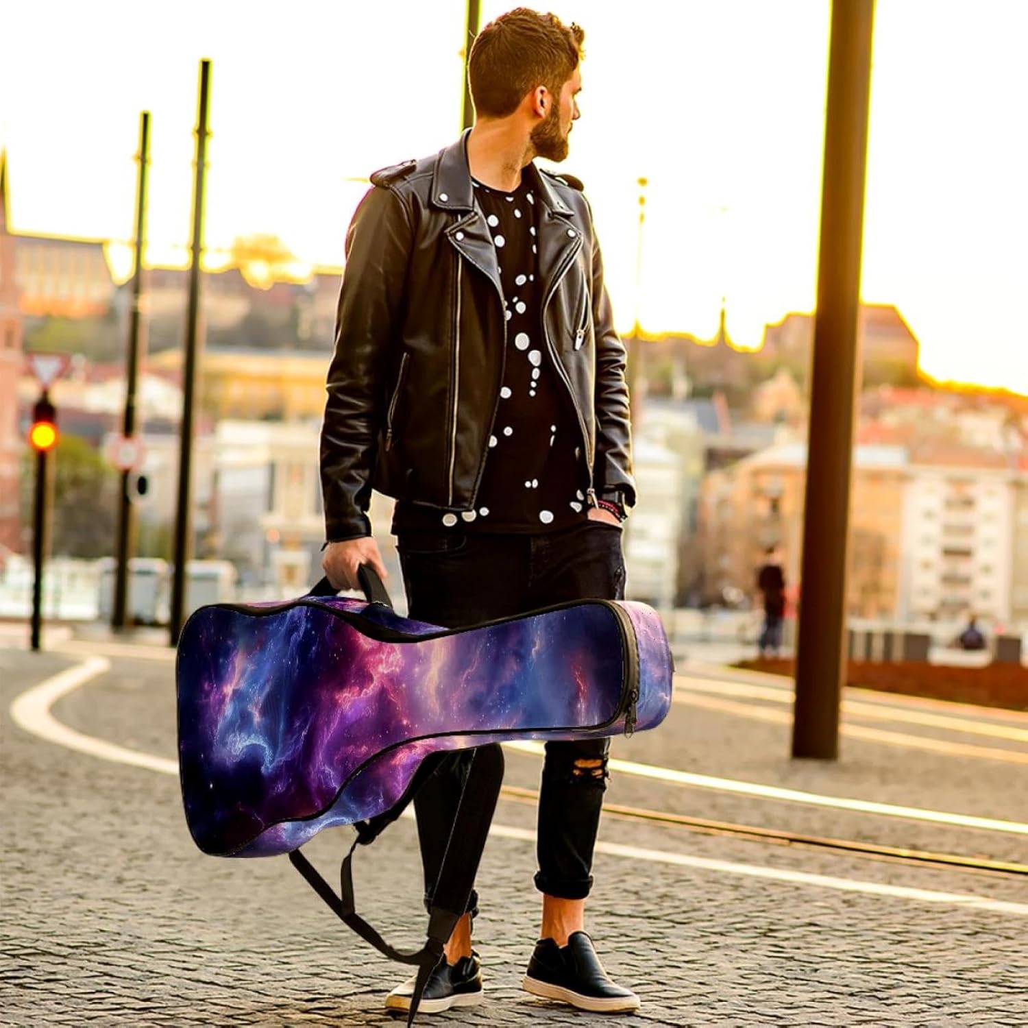 Acoustic Guitar Bag 0.4 Inch Thick Padding Waterproof Guitar Case Gig Bag for 40 41 42 Inch Electric Bass Classical Guitar, Mysterious Purple Galaxy