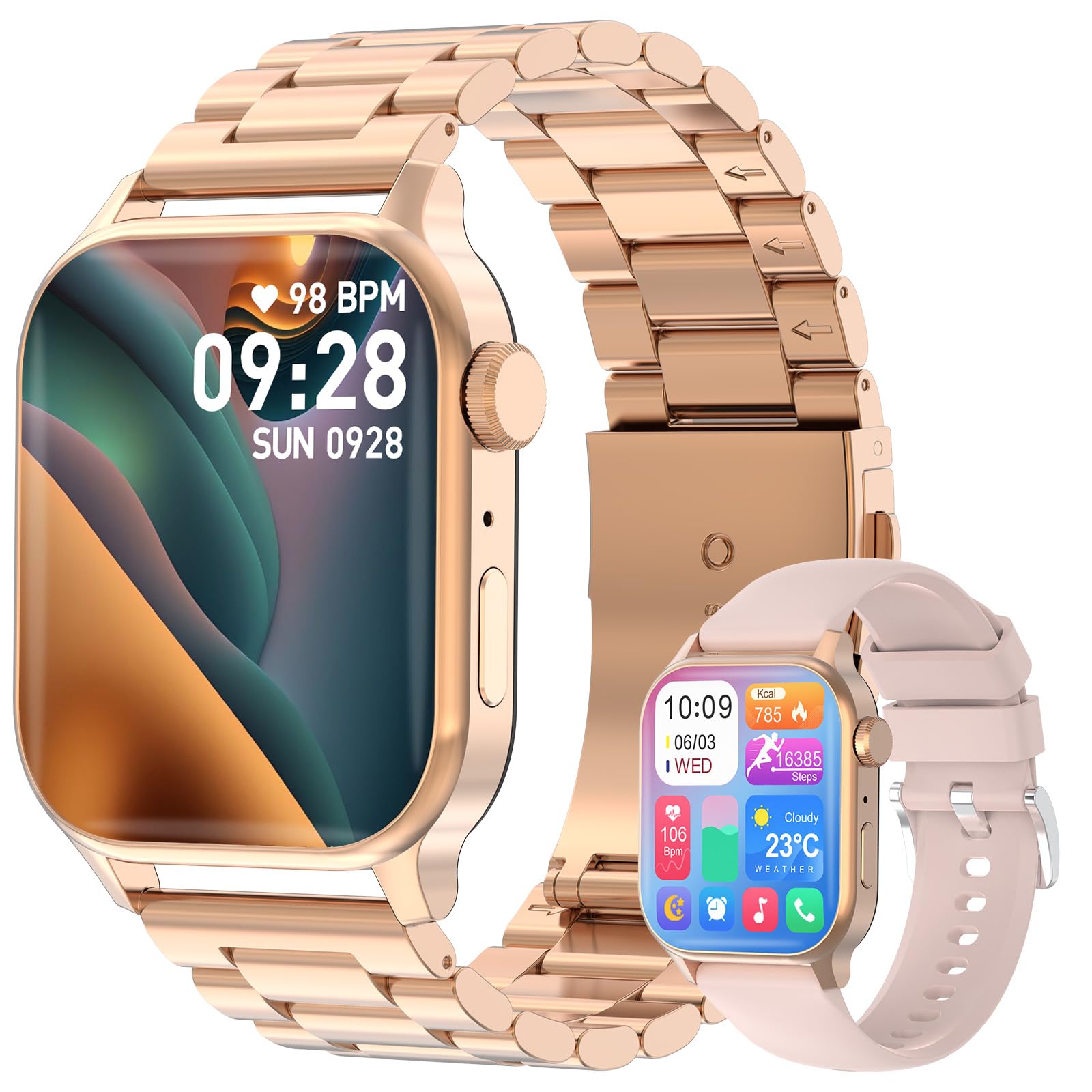 Montre Connectée Homme Femme, avec 2 Bracelets Réglables, la Fonction D'appel et L'assistant Vocal, 100+ Modes Sportifs, Smartwatch, Compatible avec Android et iOS, Dorée