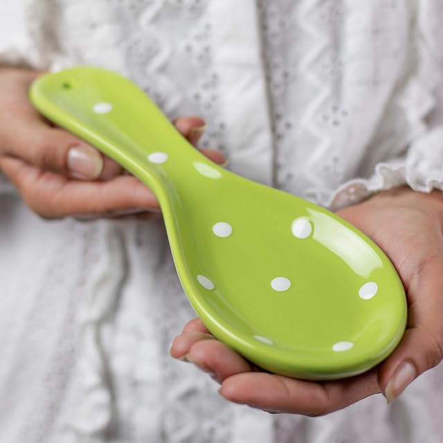 City to Cottage® Lime Green and White Polka Dot Handmade Ceramic Kitchen Cooking Spoon Rest, Utensil Holder