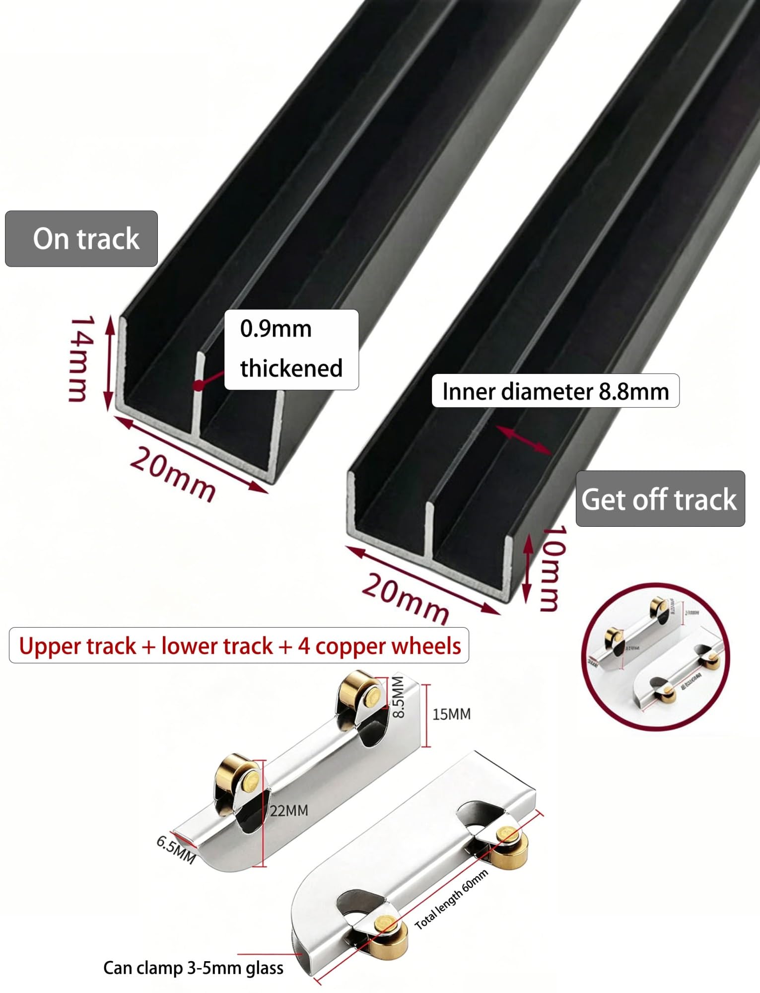 Zestaw prowadnic do szklanych drzwi przesuwnych 5 mm, czarny aluminiowy dwukanałowy suwak do szafki, 1 zestaw(140cm/55.1in)