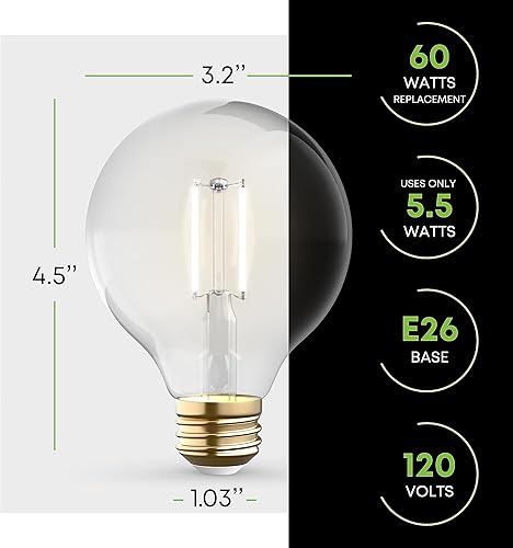 Miniatura 8 de KOR Paquete de 4 bombillas LED G25 transparentes de 4.5 W (equivalente a 40 W), 2700 K, blanco cálido, filamento regulable G25, globo LED vintage,