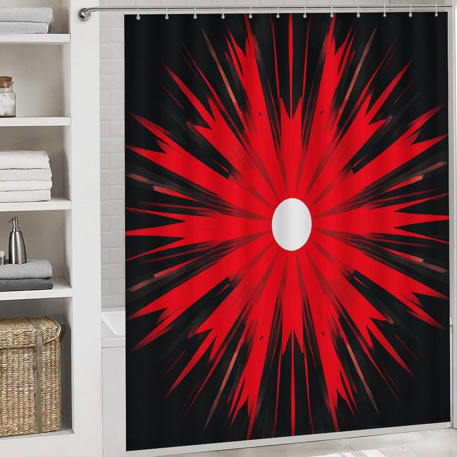 Explosion Burst Red Black Shower Curtain Set 4 Piece, Non-Slip Bath Mat with Toilet Lid Cover and Waterproof Shower Curtain with 12 Hooks, Complete Bathroom Set for Home Decor