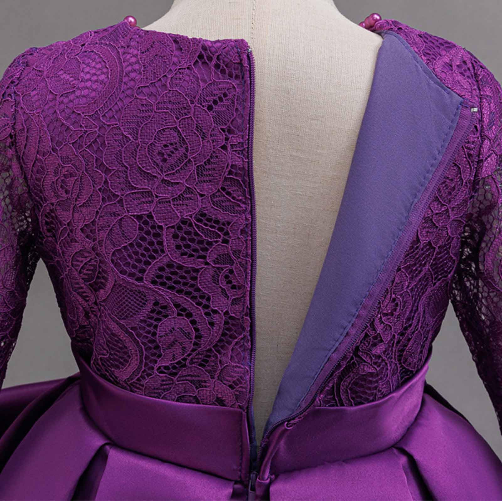 Generisch Elegante abito da festa da bambina con finiture in pizzo, maniche lunghe, top in raso con fiocco