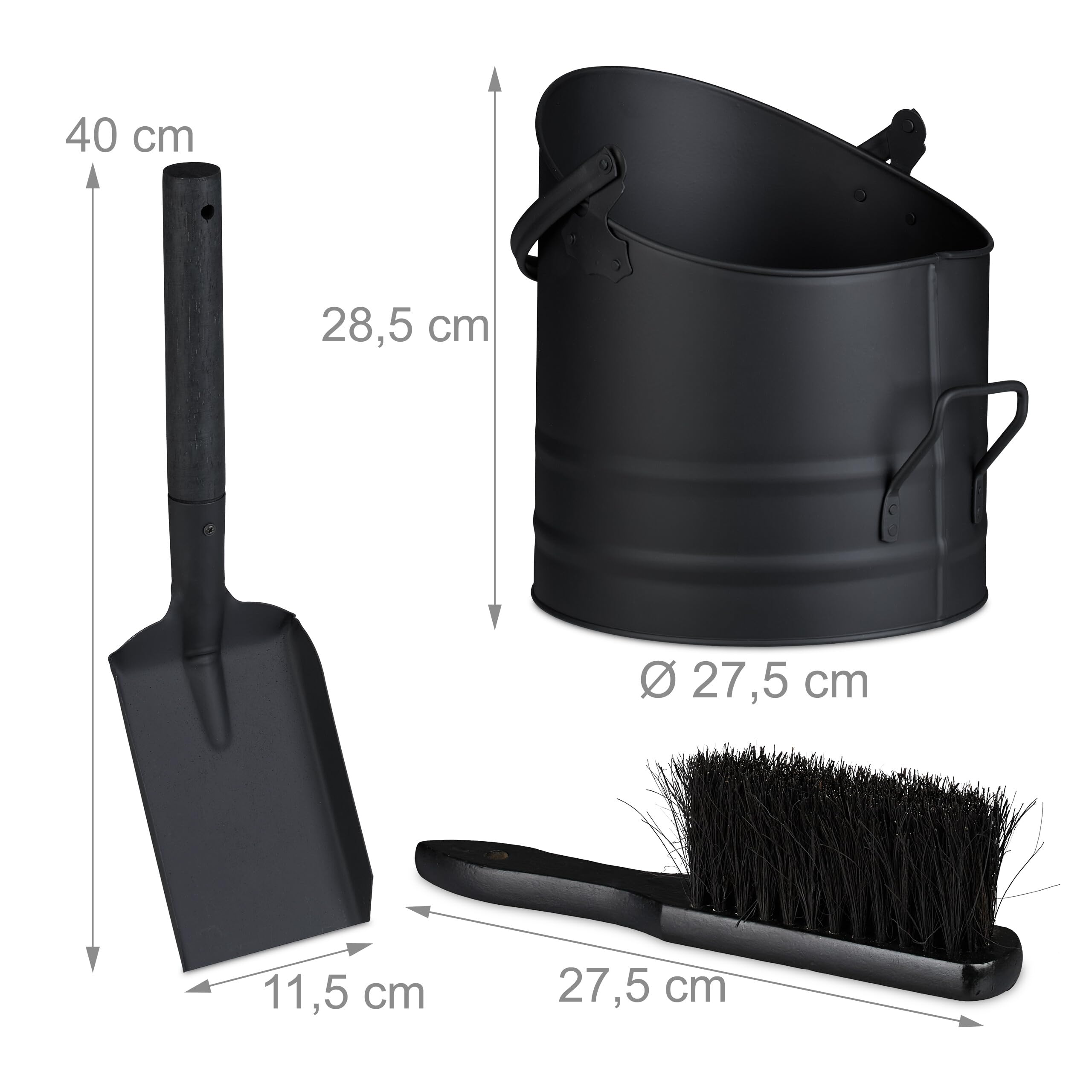 Relaxdays Secchio Raccogli Cenere e Legna da Ardere, Cestello 9,5 L con Scopa e Paletta da Camino, Cestino Ferro, Nero