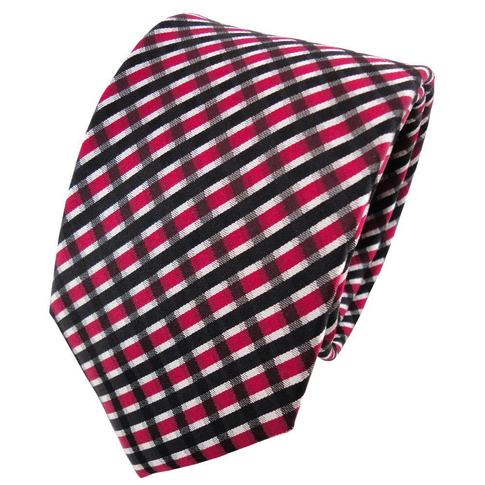 TigerTie Cravatta In Seta Disegnatore, Colore Rosso Borgogna Con Righe Nero Argento, Taglio Classico, Lunghezza 150 Cm, Larghezza 8 Cm