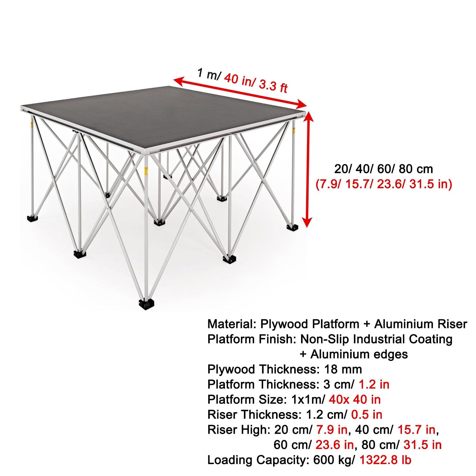 Tragbares Bühnenpodest tragbare Bühne DIY Modulare Plattform Für Veranstaltung, Rutschfeste Tragbare Bühnenplattformen 4x4 3x3Ft, Verbindbare Bühnenausstattung(H 15.7in/40cm,LxW 3.3x3.3ft/1x1m)