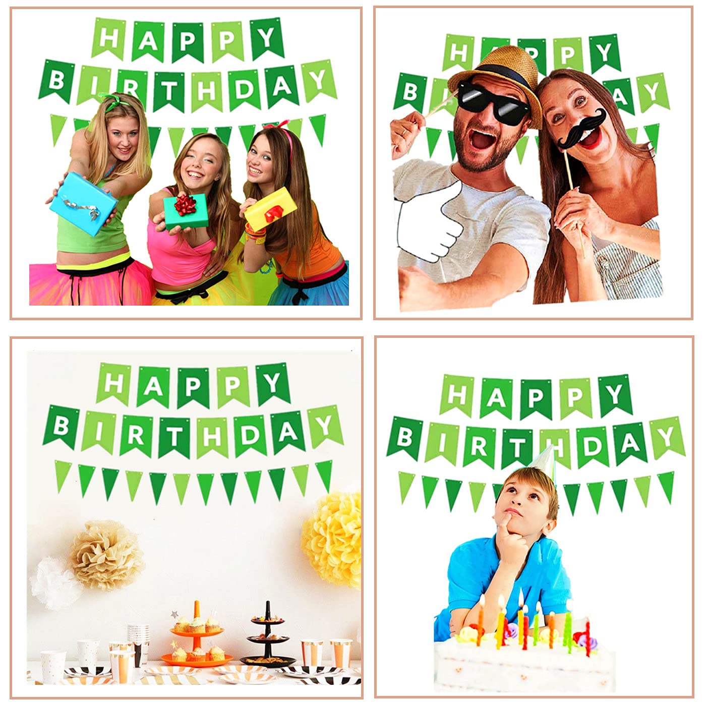 Banner Di Buon Compleanno Verde Con Bandierine Triangolari – Decorazione Da Appendere Pronta All'uso Per Feste