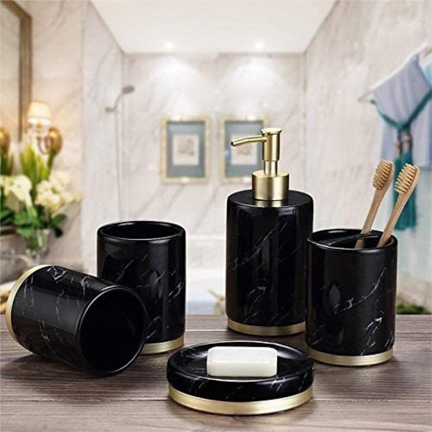 Dispensador Jabón Set Juego De Accesorios De Baño De 5 Piezas Incluye Dispensador De Jabón, Cepillo De Dientes, Soporte para Pasta De Dientes, Jabonera Y Vaso Baño Accesorios