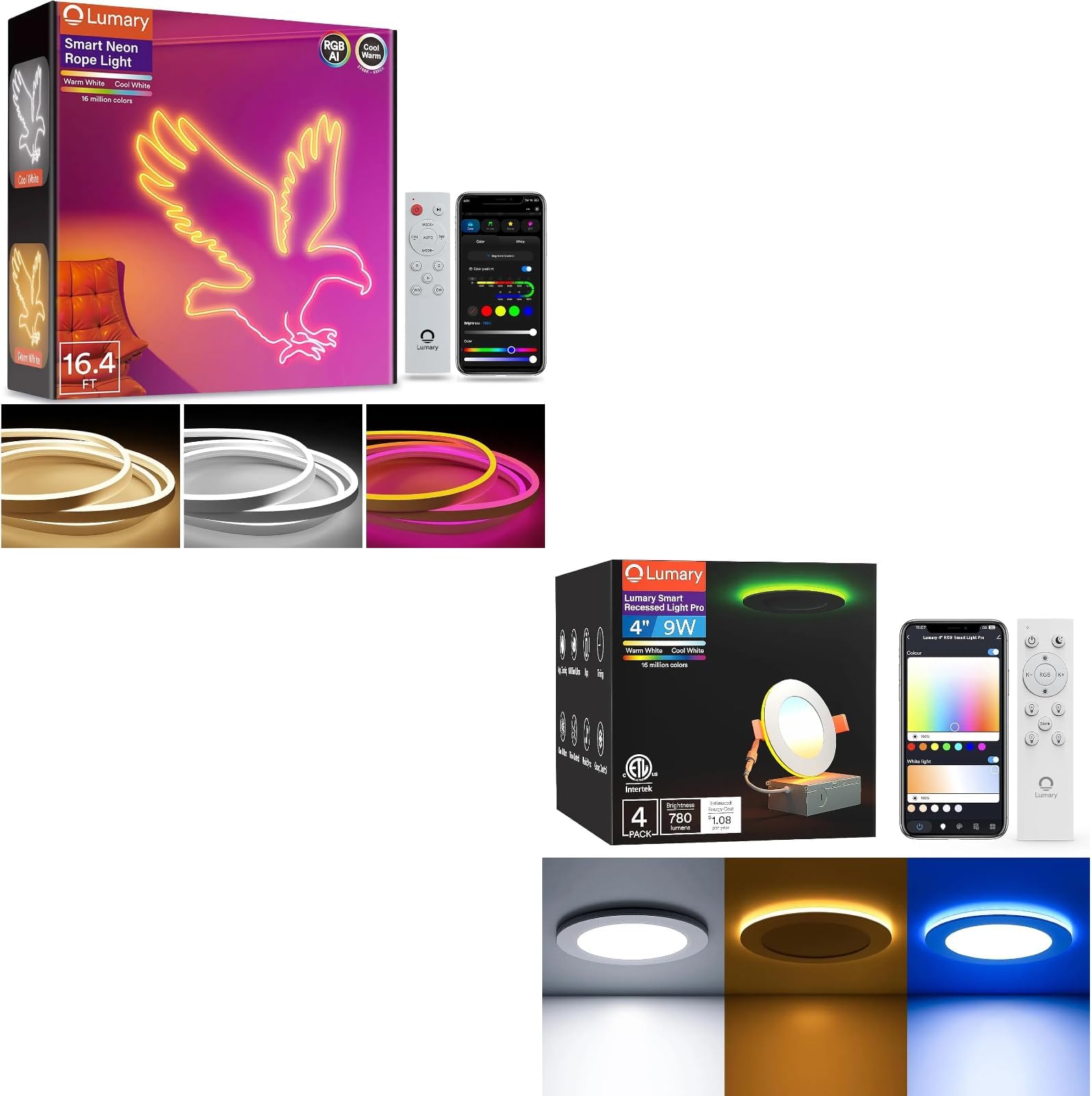 Lumary Smart Recessed Lighting Pro 4 Inch with RGB/Night Ring 16.4Ft Smart LED Rope Lights Indoor