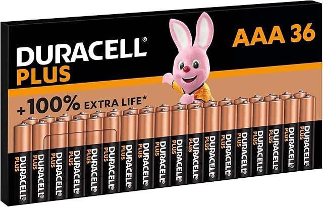 Duracell Plus AAA (36 sztuk) - baterie alkaliczne 1,5 V - nawet o 100% dłuższe życie - niezawodna moc dla urządzeń codziennego użytku - opakowanie bez plastiku - 10 lat przechowywania - LR03 MN2400