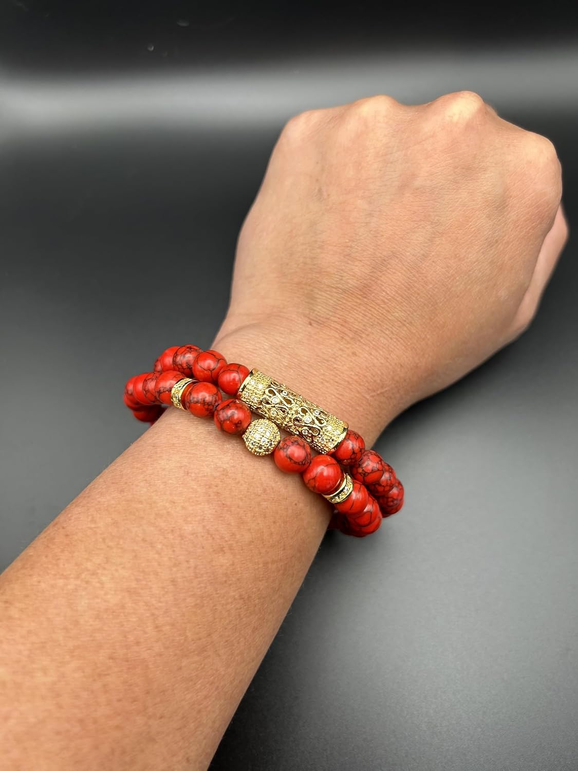 Kevin David 8MM White Howlite Bead Bracelet - 18k Gold Plated - Zircon Stones - Unisex - 7.5 inch - Great Birthday, Christmas gift - Image 4