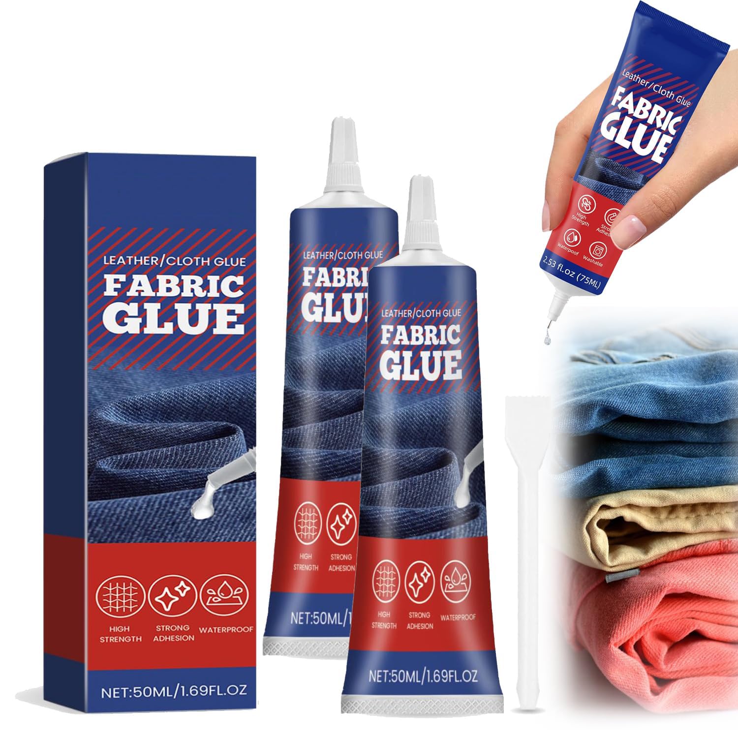 Fabric Glue Permanent for Patch, 50ml Clear Glue for Clothing Permanent Washable Clothing Glue for All Fabrics, Cotton, Denim, Leather, Flannel (2PCS)