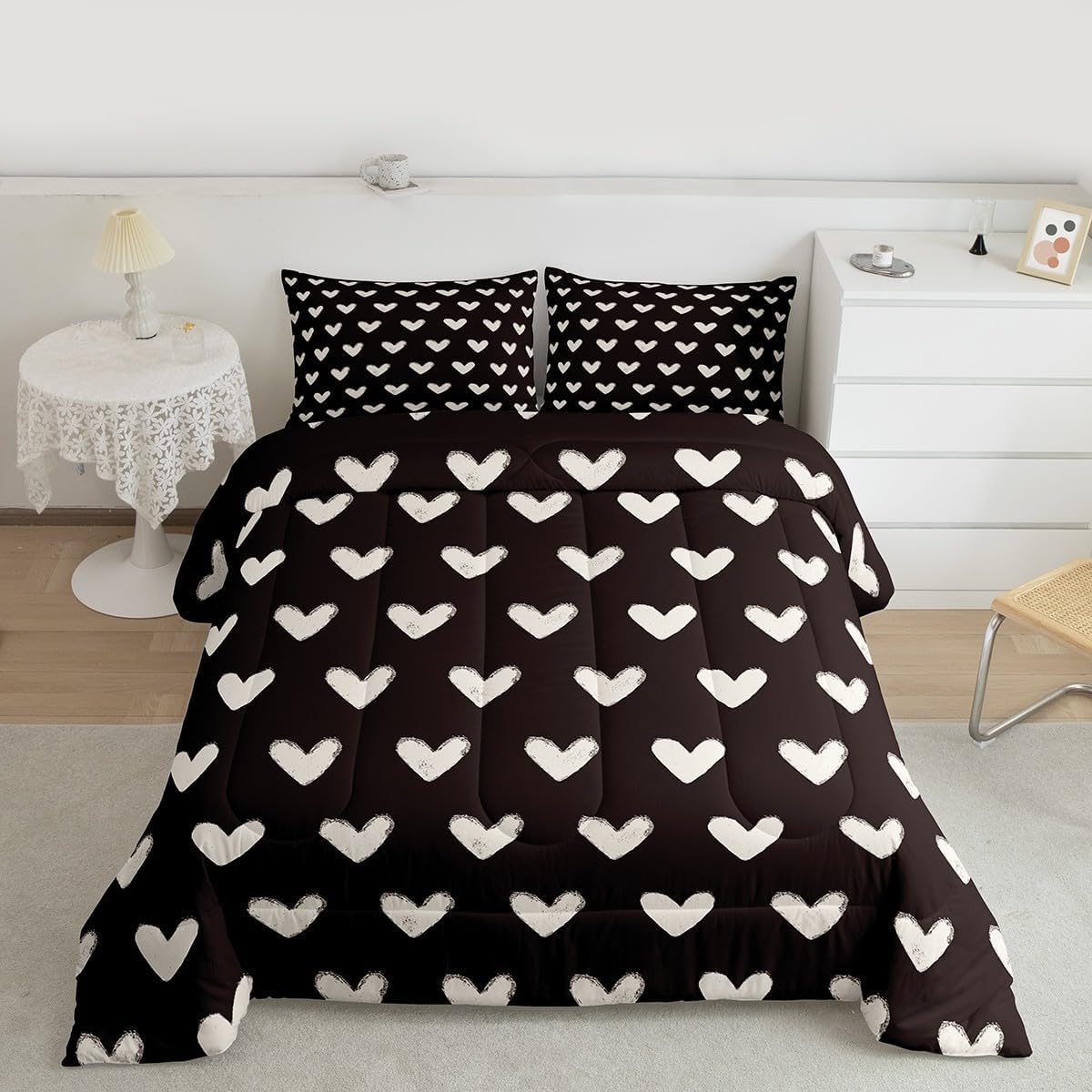 Black and White Full Size Comforter Sets for Girls Cute Heart Pattern Bedding for Teens Valentine Day Gift Cartoon Love Geometric Duvet Insert Love Heart Down Comforter Cute Bedding Quilt 3Pcs