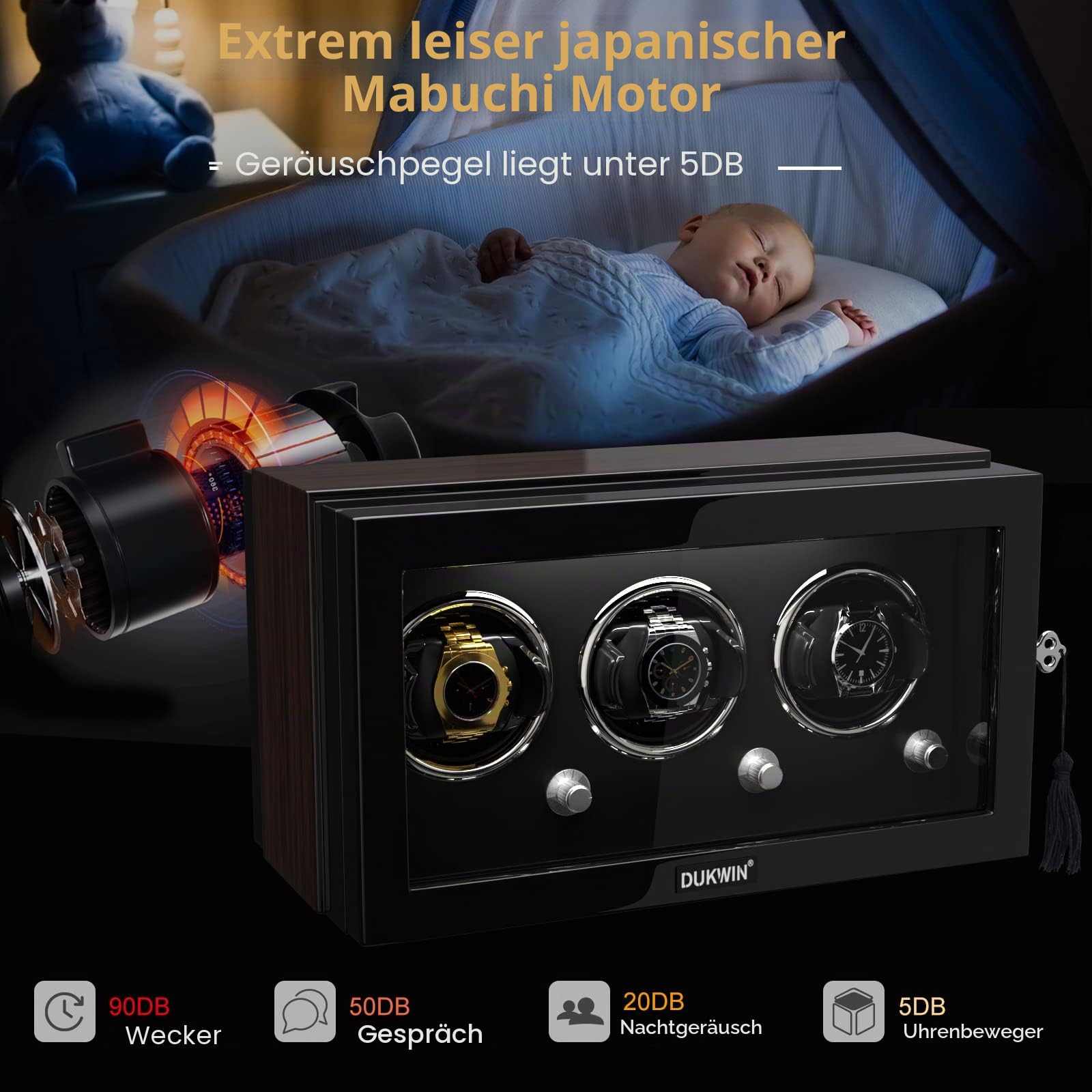 DUKWIN Watch Winder, Watch Winders for Automatic Watches with Quiet Motor Lockable Automatic Watch Winder for 3/4 Watches, Dual Power Supply, Built-in Illumination