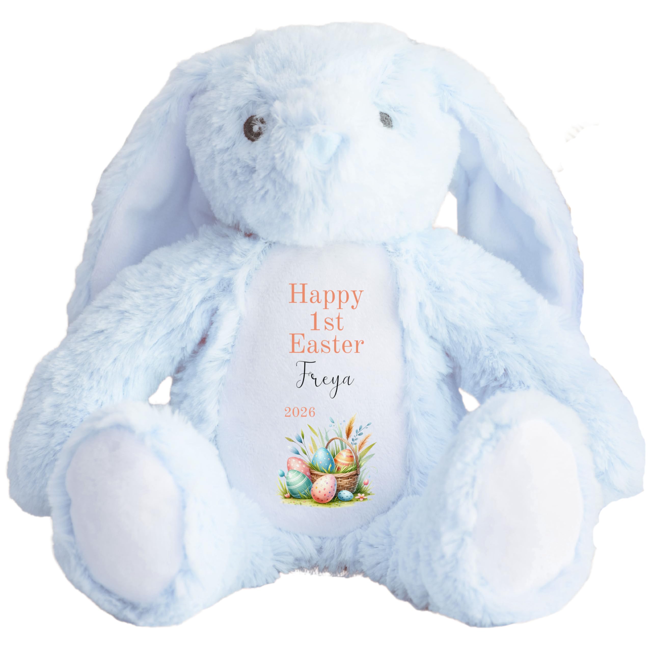 HotScamp Personalised Easter Bunny with Name - Happy Easter Egg Basket 2026 Orange - Soft Toy for Baby, Toddler, Child, Kids, Babies Spring Time - Orange Letter Blu Bunny โ image 1