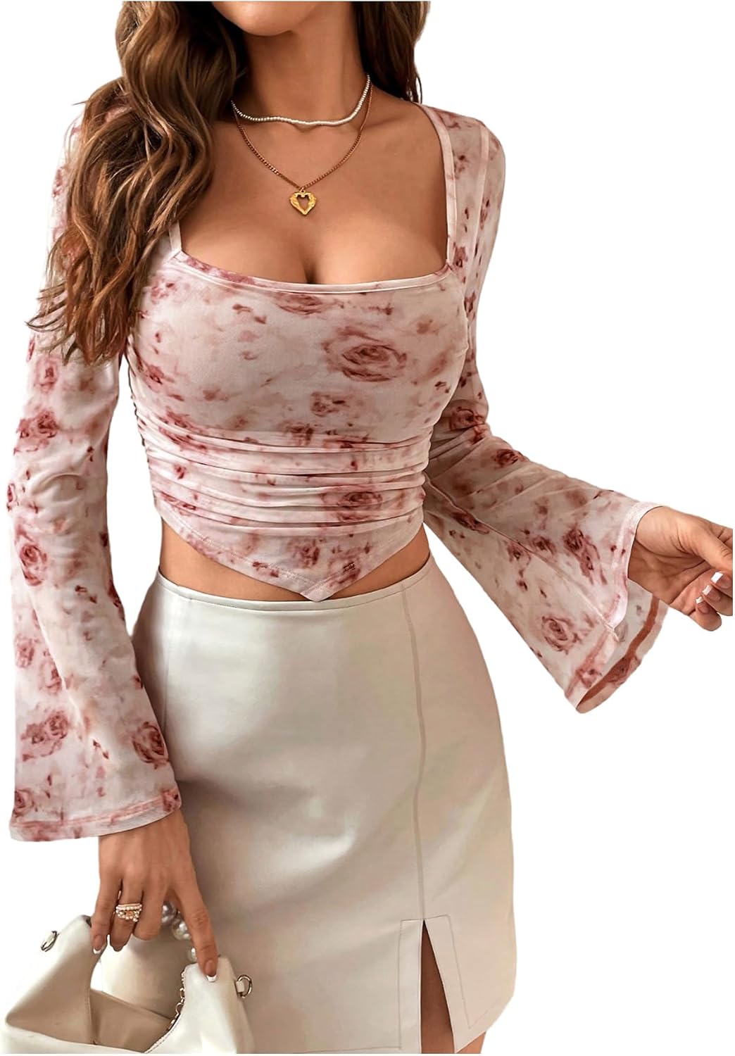 Floerns Women's Floral Bell Sleeve T Shirt Ruched Square Neck Hanky Hem Crop Tops