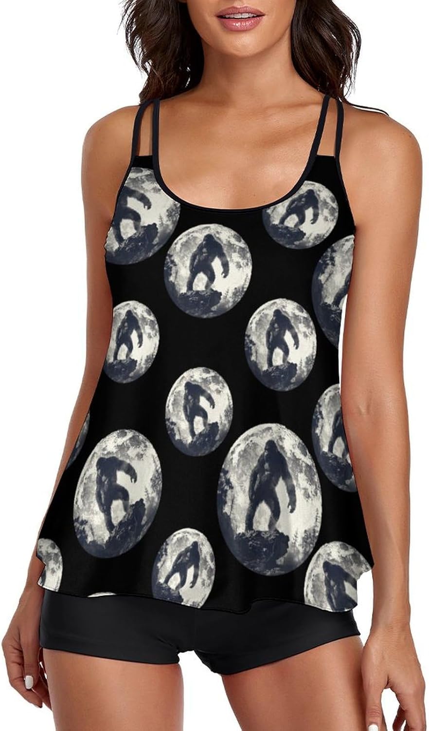 Bigfoot Moon Sasquatch Women's Tankini Swimsuits Two Piece Bathing Suits with Shorts Swimwear