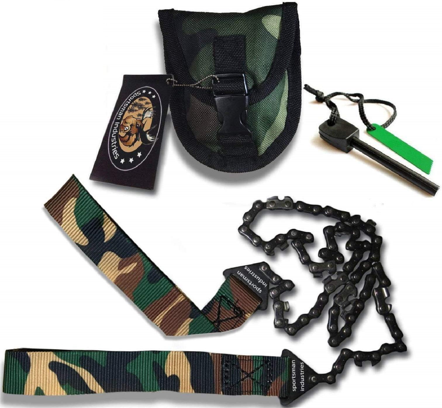 Sportsman Camouflage Pocket Chainsaw 36 Inches Long Chain - FREE Fire Starter. Best Folding Hand Saw Tool for Survival, Camping, Hunting, Tree Cutting or Emergency Kit. Replaces a Pruner & Pole Saw