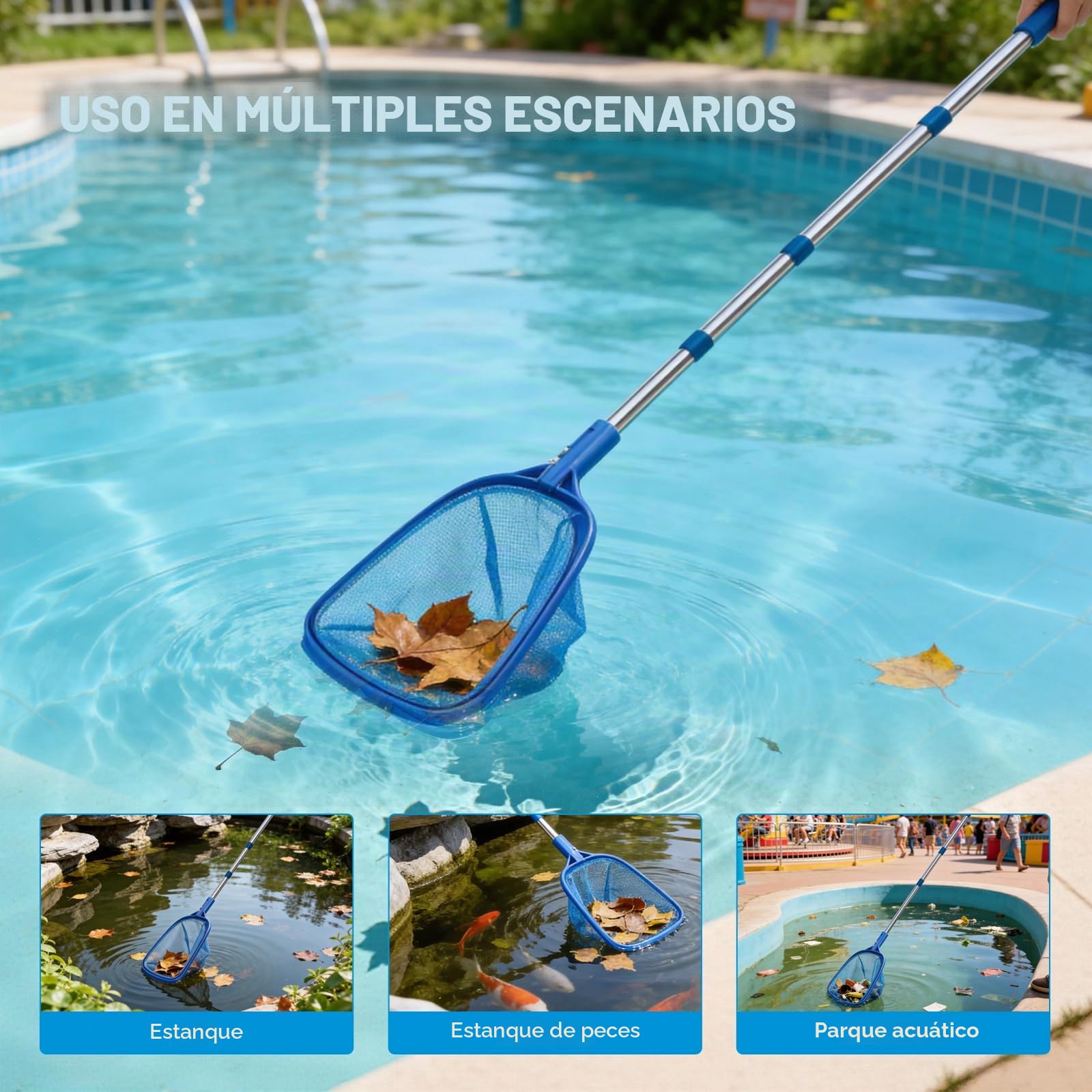 Recogehojas Piscinas 185cm, Limpiafondos Piscina con Varilla Telescópica, Swimming Pool Accessories, Viene con Cepillo Limpieza, Toalla, para Piscinas, Estanques, Parques Acuáticos