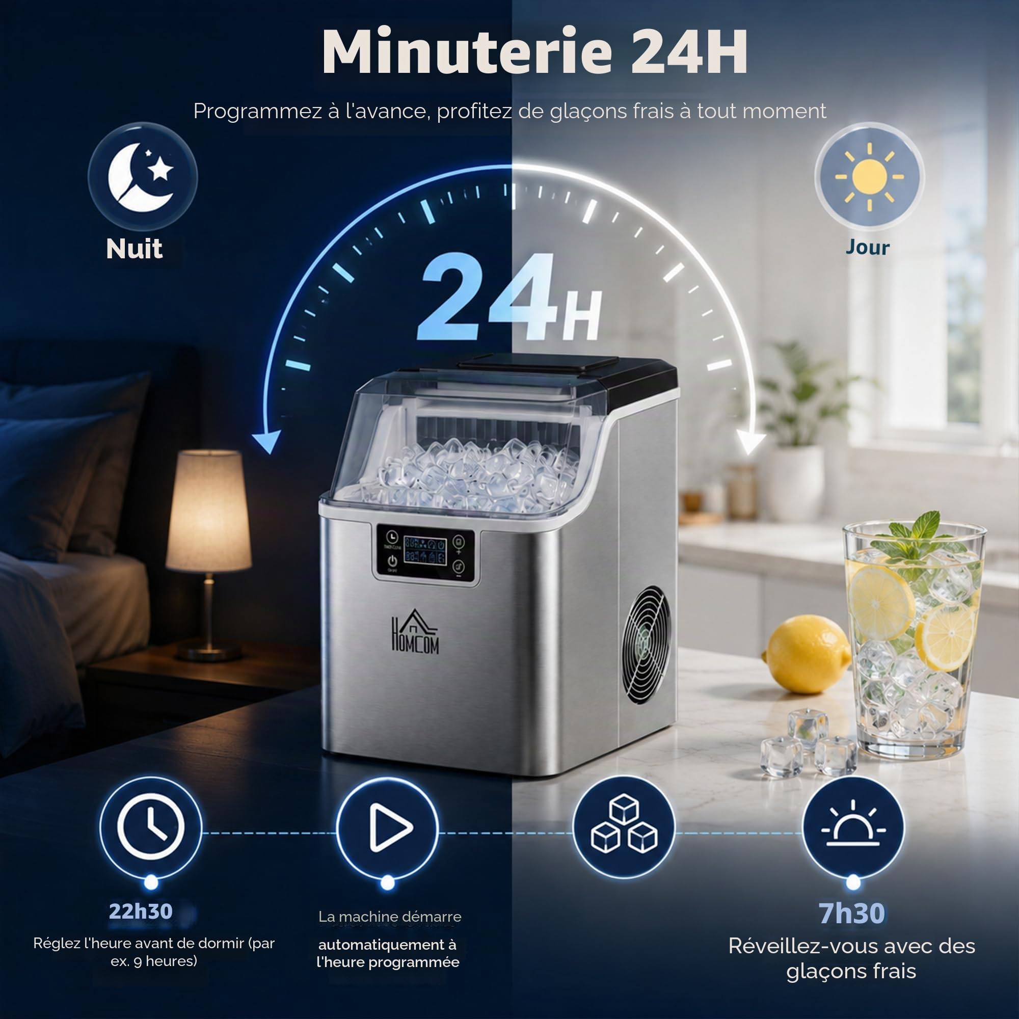 HOMCOM Machine à glaçons, Ice Maker en acier inoxydable 24 glaçons en 14-18 min., 20kg/24h, réservoir d'eau de 3,2L, préparateur de glaçons autonettoyant avec 2 types de remplissage d'eau, pour