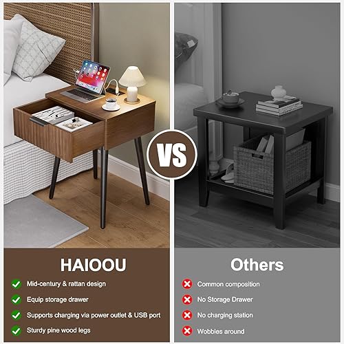 Miniatura 13 de HAIOOU Mesita de noche con estación de carga, cajón de ratán, mesa auxiliar moderna de mediados de siglo, mesa auxiliar auxiliar auxiliar con patas