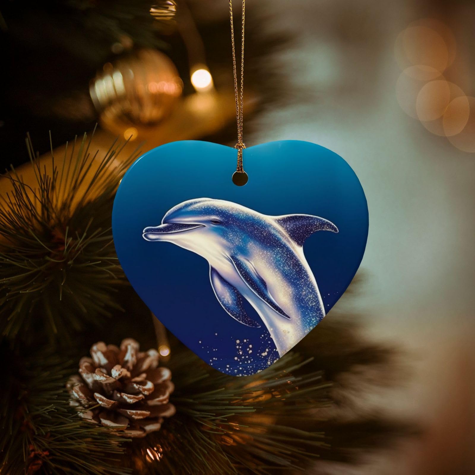 Christmas Ornaments for Christmas Tree Decoration Hanging Glitter Dolphin Ornament with Gold Ribbon Crafts Heart Shape Ceramic Pendant for Keepsake Gifts Xmas Decor Party Supplies