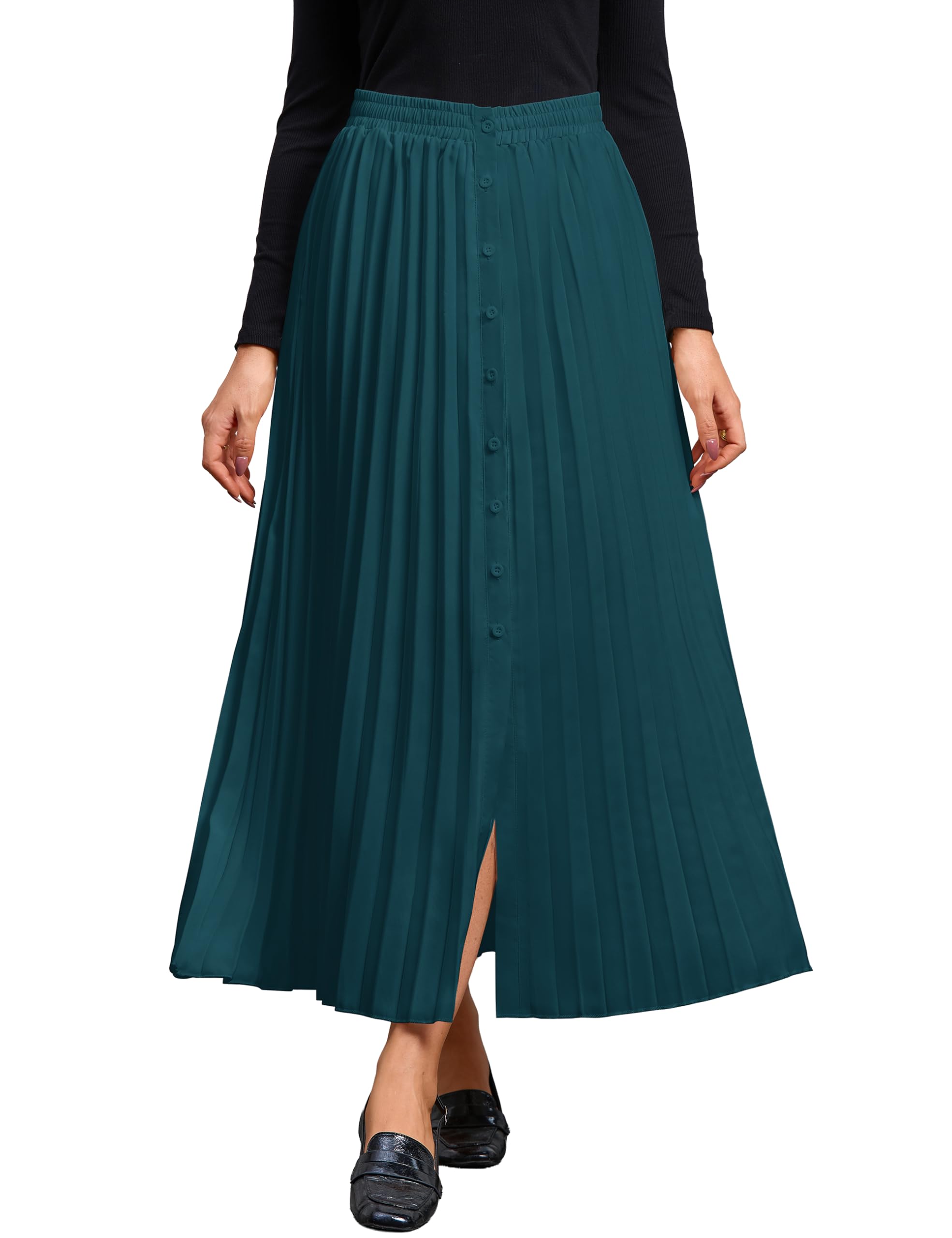 MAKABO Womens Maxi Pleated Skirt with Pockets High Waisted A Line Long Skirts Button Down Business Casual Outfits