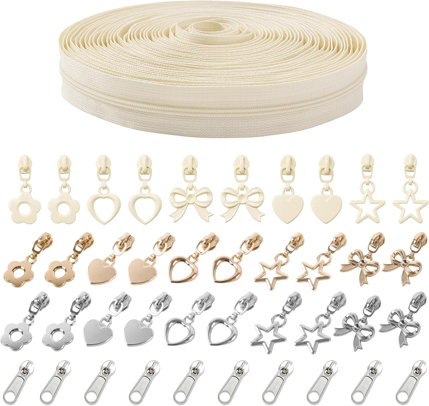 MYLbeter 10 Yards Sewing Zipper Tapes with 40 pcs Assorted Charm Pulls Bulk Nylon Coin Zippers for Bags and Purses Tailor DIY Craft Sewing Supplies (#3 White)