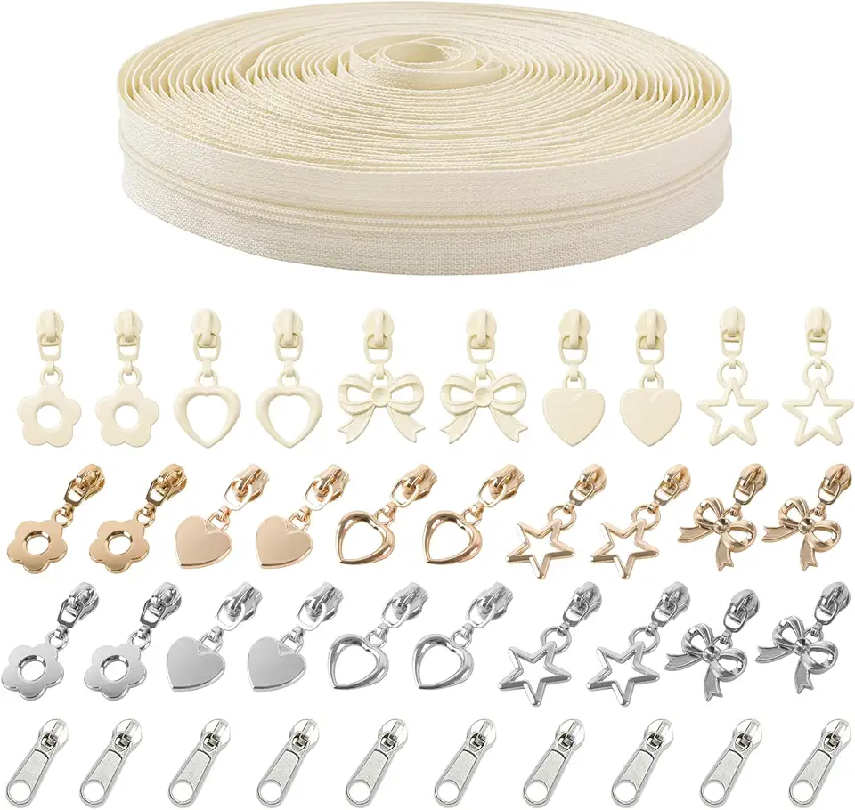 Zíper de Nylon Nº 3, Vendido Porm, Branco,pct com 10 Jardas E 40 Cursores. Fita de Zíper Contínua para Costura, Artesanato E Confecção de Bolsas E Roupas. Puxador Dourado E Cursor Prateado