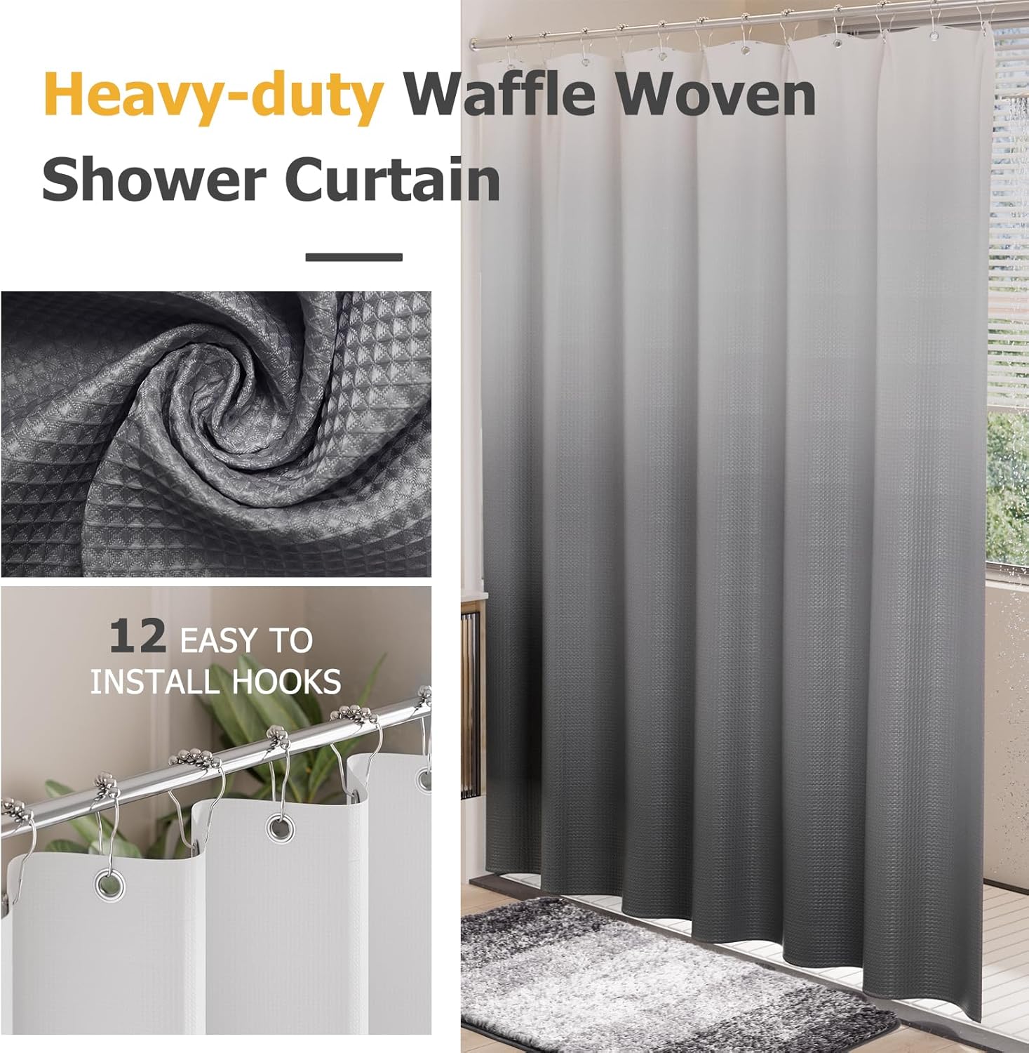 15 Pcs Shower Curtain Set Grey Bathroom Sets with Shower Curtain and Rugs Ombre Waterproof Thicken Waffle Shower Curtain with 2 Piece Non-Slip Luxury Bathroom Rugs and 12 Hooks for Bathroom Decor