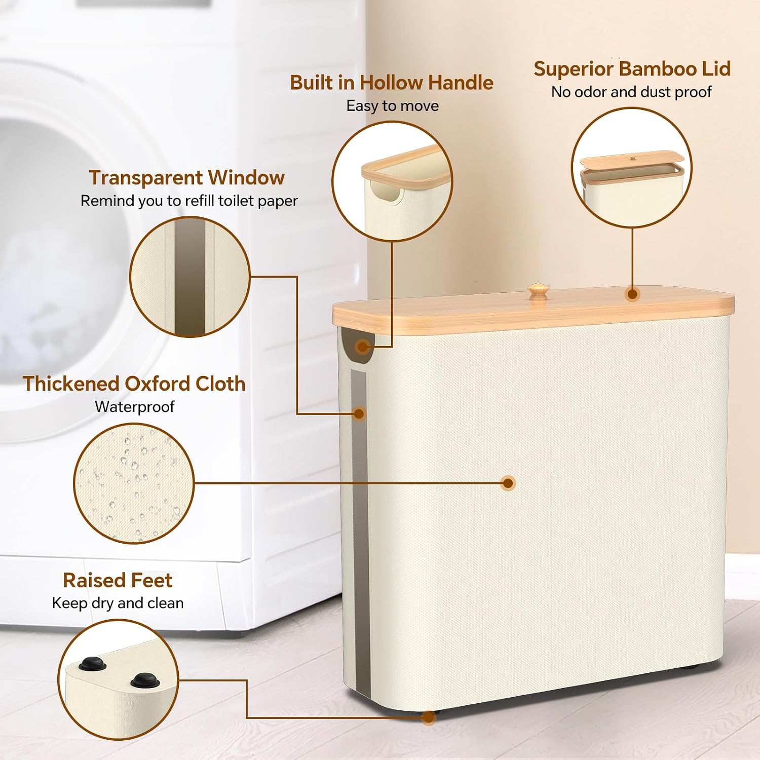 Toilet Paper Storage with Bamboo Lid, 33.8L Foldable Toilet Paper Basket Organizer Holder for up to Regular 30 Rolls Or 12 Mega Rolls, Waterproof Free Standing Toilet Paper Holder for Bathroom, Beige