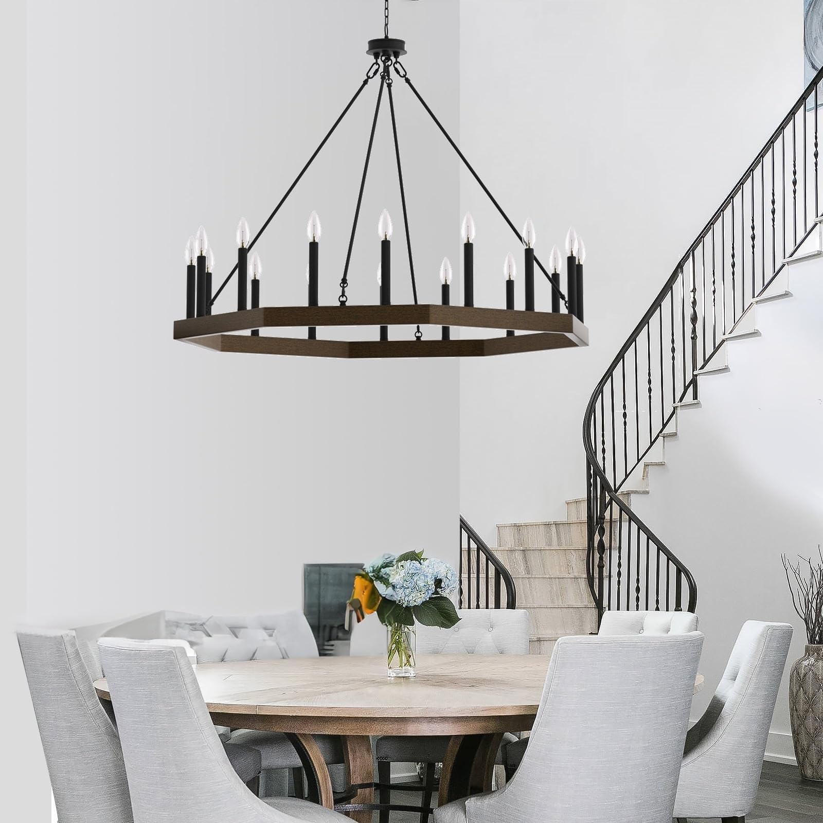 ACROMA French Country 16-Light Wagon Wheel Candle Chandelier with UL Certified - 40 inches Weathered Walnut