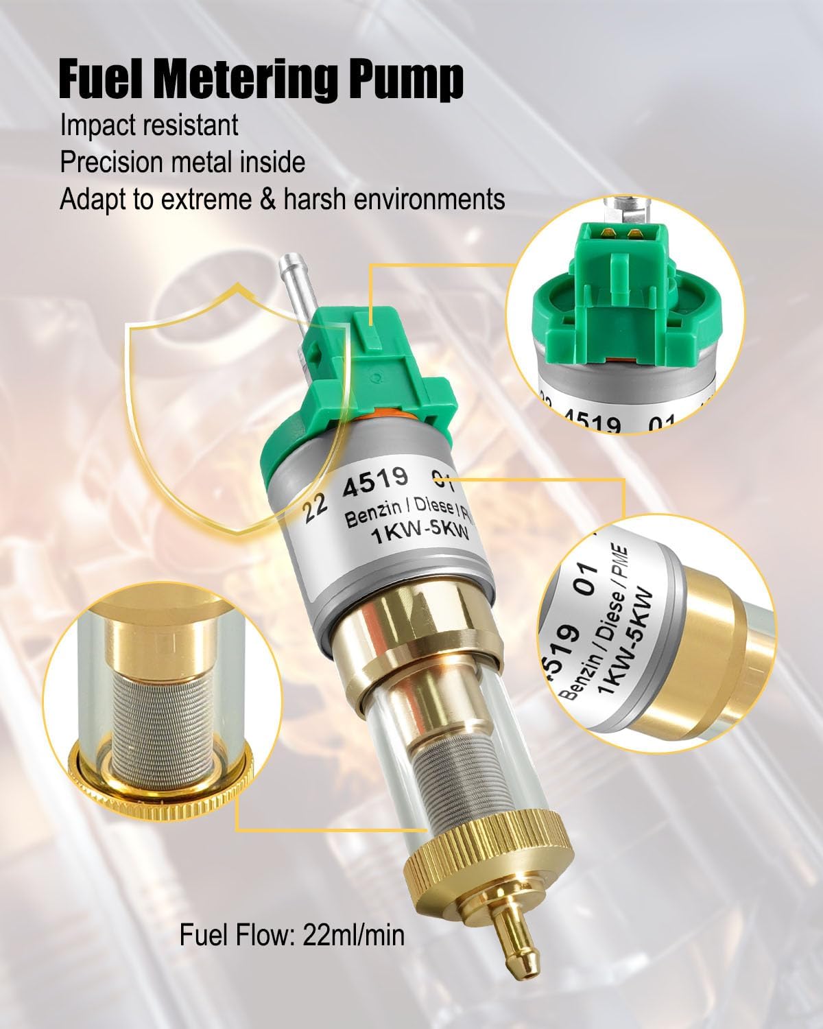 Diesel Heater Fuel Pump Fit for Eberspacher Airtronic D2 D4 D5 Chinese Diesel Heater 2KW 3KW 5KW, Double Filter Quieter Parking Air Heater with Fuel Hose 12V 22ML Fuel Metering Pump Replace 22451901